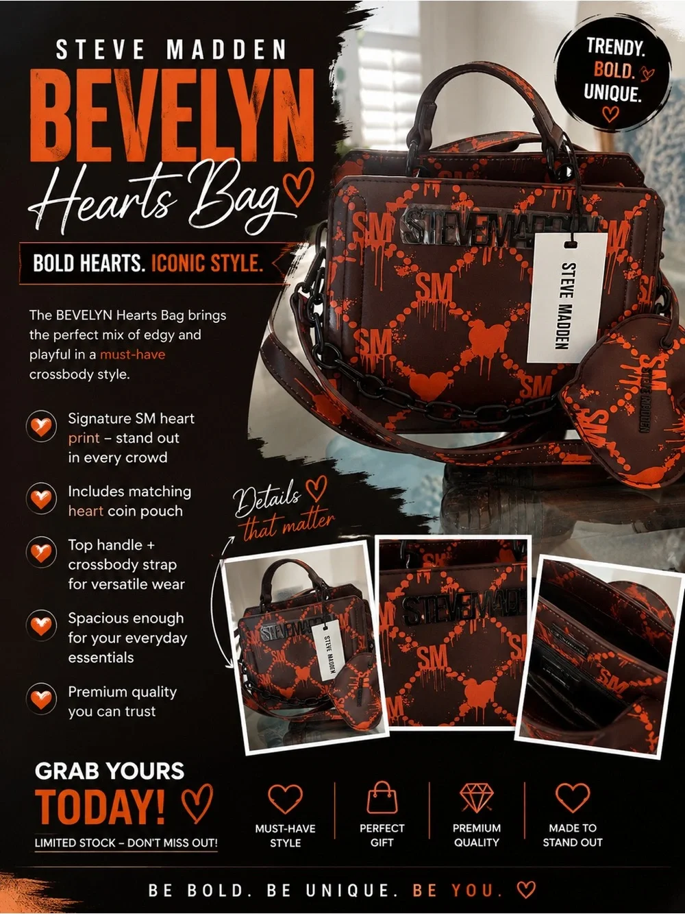 Steve Madden Bevelyn Hearts Satchel in Black & Orange
